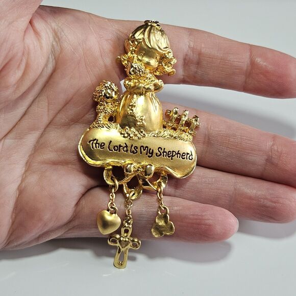 Vintage PMI Precious Moments gold tone Brooch The Lord is My Shepherd w/charms - Picture 1 of 10